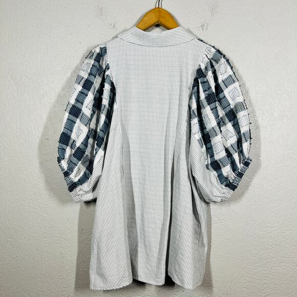 Davi & Dani Button Up Puff Sleeve Blouse Mixed MEdia Checker Stripe Casual - M - Picture 4 of 5